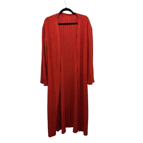 Long Open Front Red Ribbed Cardigan Duster With Long Sleeves 95% Polyester & Com - Picture 1 of 5